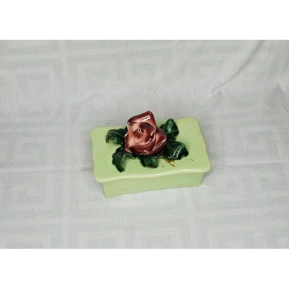 Vintage 1950s Johannes Bram of California Ceramic  Green With Rose Trinket Dish